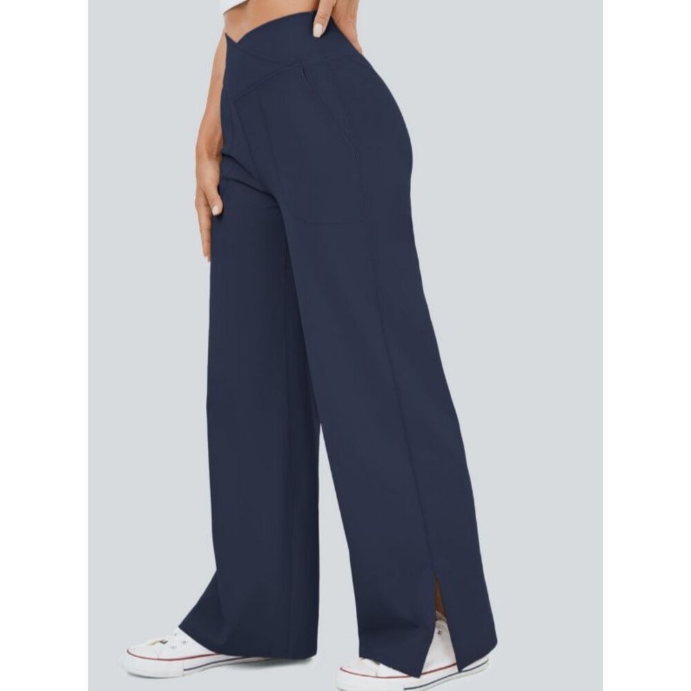 Halara Navy Crossover Wide Leg Split Ankle Active Yoga Pants Size Large - Picture 9 of 11